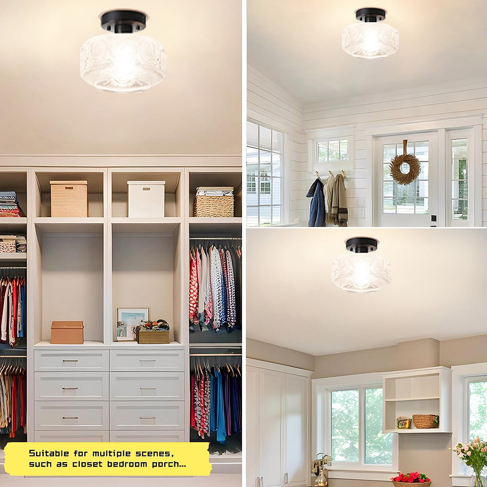 Semi Flush Mount Ceiling Light,Glass Ceiling Light,Black Light Fixture Ceiling Mount,Vintage Ceiling Light for Hallway Bedroom Kitchen Entryway Living Room