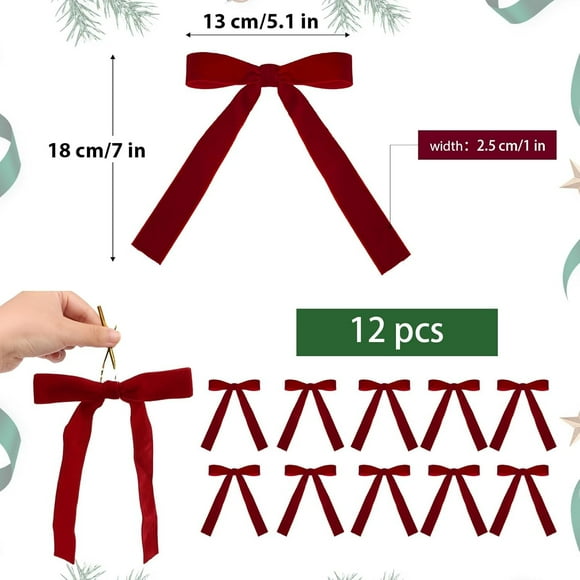 Velvet Ribbon Bows for Christmas Tree, Vintage Rustic Small Craft Bows Ornaments for Garland Wreath Gift Wrapping Candy Bags Party DIY Decorations, 12 Pcs, 5.1x7.0"