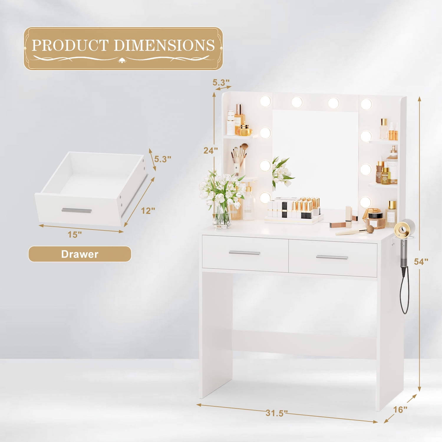 Vineego Makeup Vanity Desk with Lighted Mirror & Power Outlet, Makeup Vanity with 2 Drawers,White