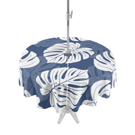 Outdoor Tablecloth with Umbrella Hole Zipper Monstera Leaves Round Tablecloth 54" Waterproof Outside Table Cloth Summer Tropical Plants Navy Blue Patio Table Cover Tablecloths for Picnic Party