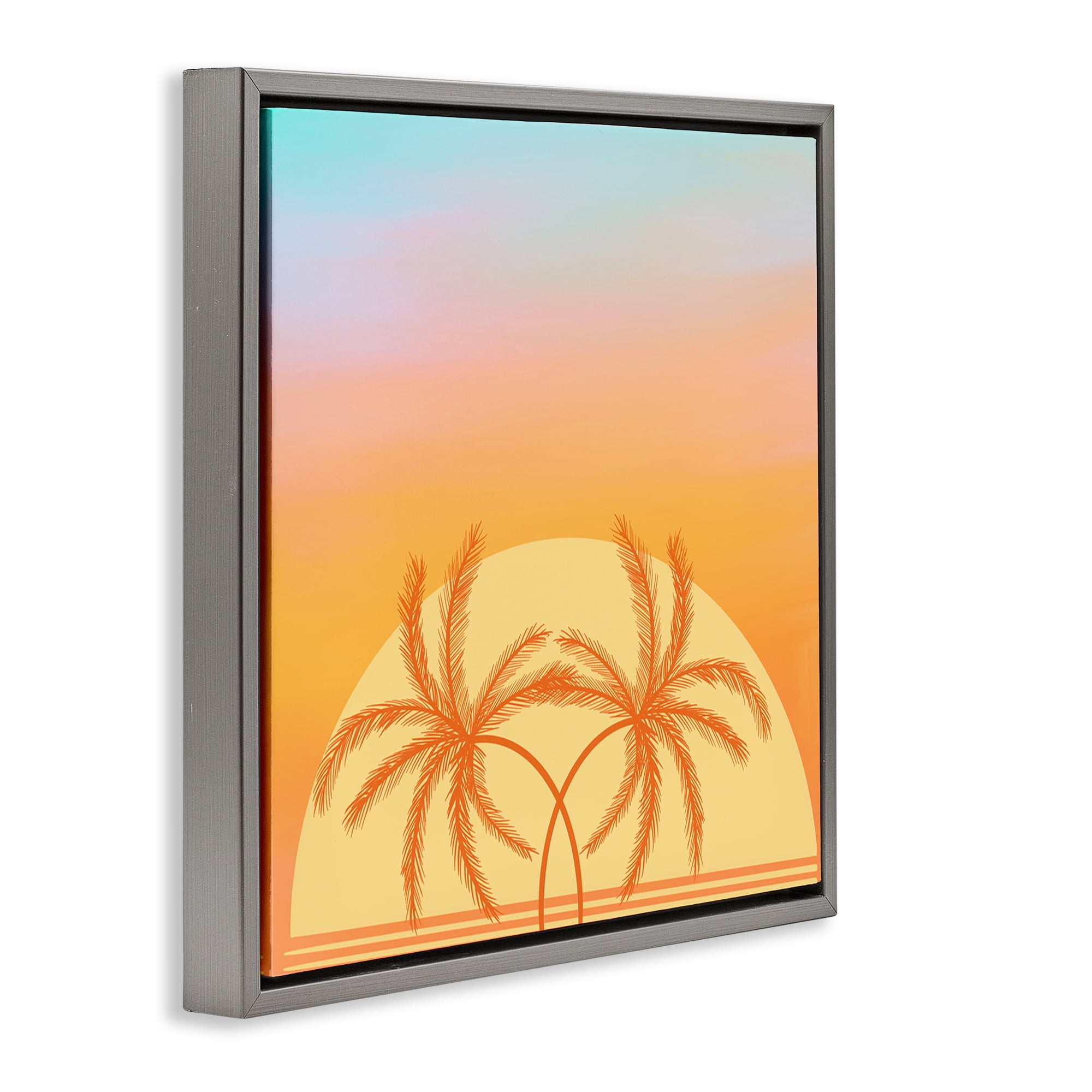Stupell Industries Retro Sunset Palm Trees Plants & Flowers Painting Gray Floater Framed Canvas Art Print Wall Art, 18 x 18