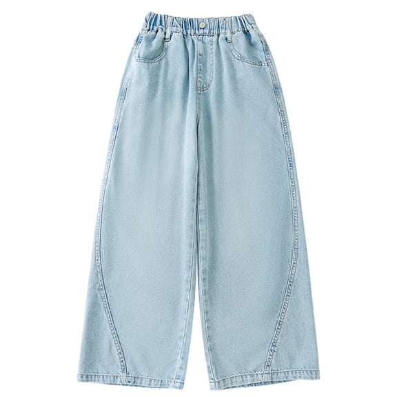 FINALGANG Girls Kids Elastic Waist Barrel Jeans With Contrast Stitching Seam Relaxed Fit Soft Light Wash Denim Pants For Daily Wear Playtime Casual Summer Outings Stylish Trousers