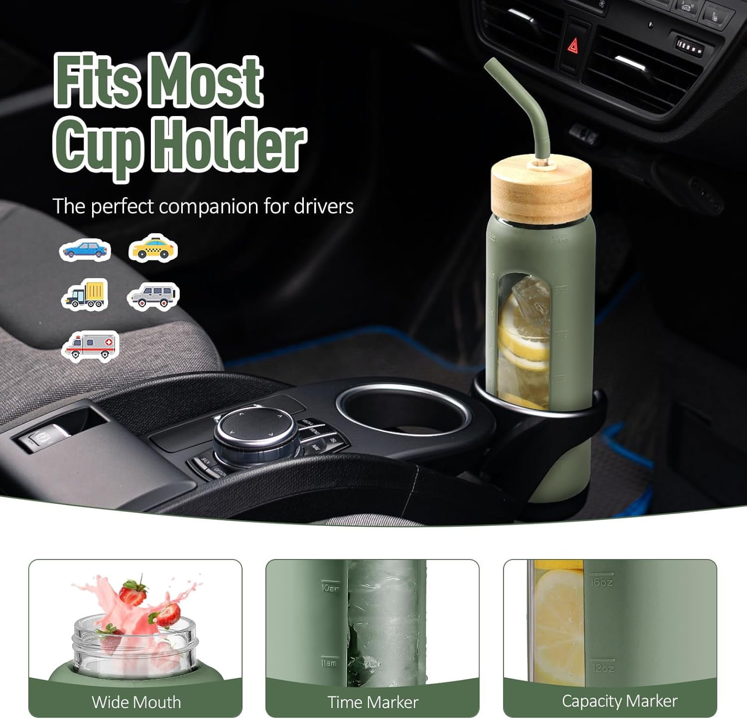 MUKOKO Glass Water Bottle, 32oz Sports Drinking Tumbler with Silicone Sleeve and Straw, 1 Cup 2 Lids, Olive