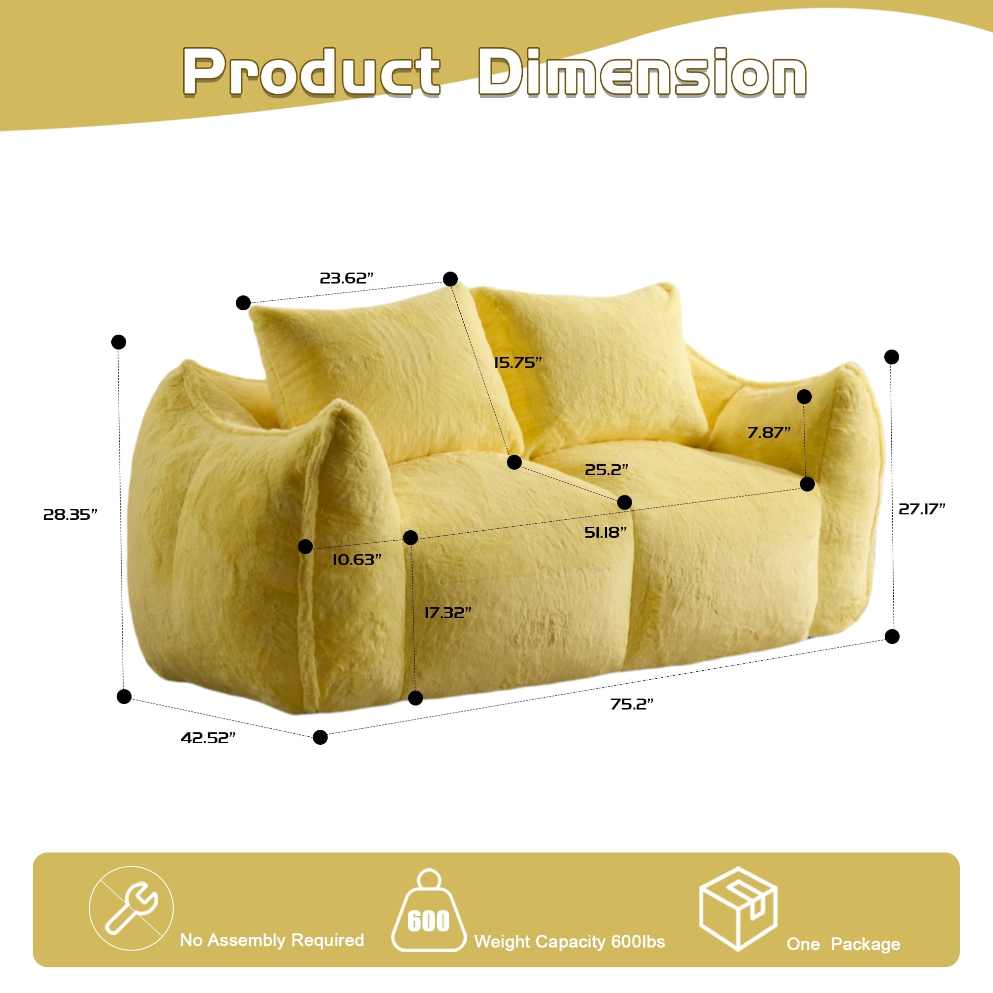 Leumius 2 Seater Boneless Sofa,Giant Bean Bag Sofa Couch with Pillows, Oversized Chaise Lounge Chair for Living Room Bedroom,No Assembly,Yellow