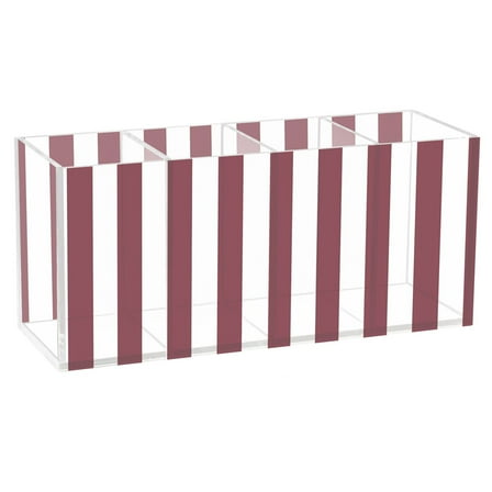 Pen Holder 4 Compartments Acrylic Pencil Cup Desktop Makeup Organizer Office Supplies Dark Red and White Striped