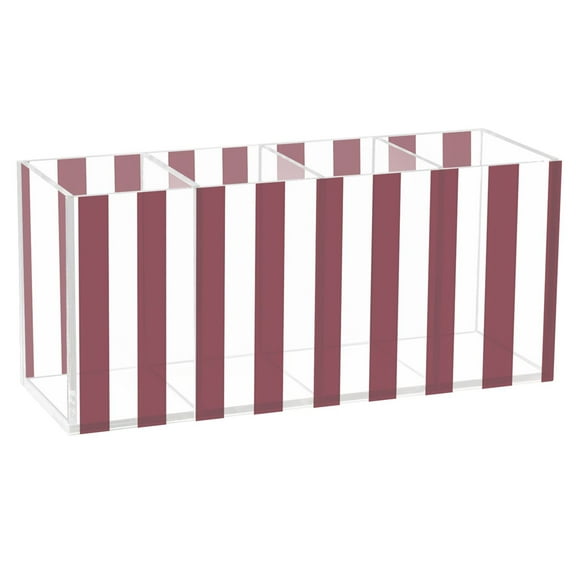 Pen Holder 4 Compartments Acrylic Pencil Cup Desktop Makeup Organizer Office Supplies Dark Red and White Striped