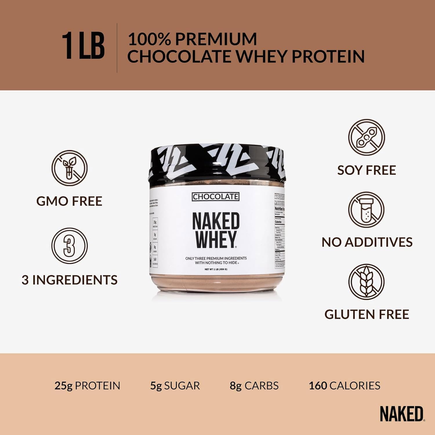 Naked Whey 1LB - All Natural Grass Fed Whey Protein Powder, Organic Chocolate, and Coconut Sugar - No GMO, No Soy, and Gluten Free, Aid Growth and Recovery - 12 Servings