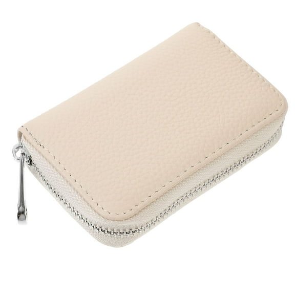 WHAMVOX Slim Zipper Wallet for Women Beige Cowhide Card Organizer with Multiple Slots Compact Lightweight