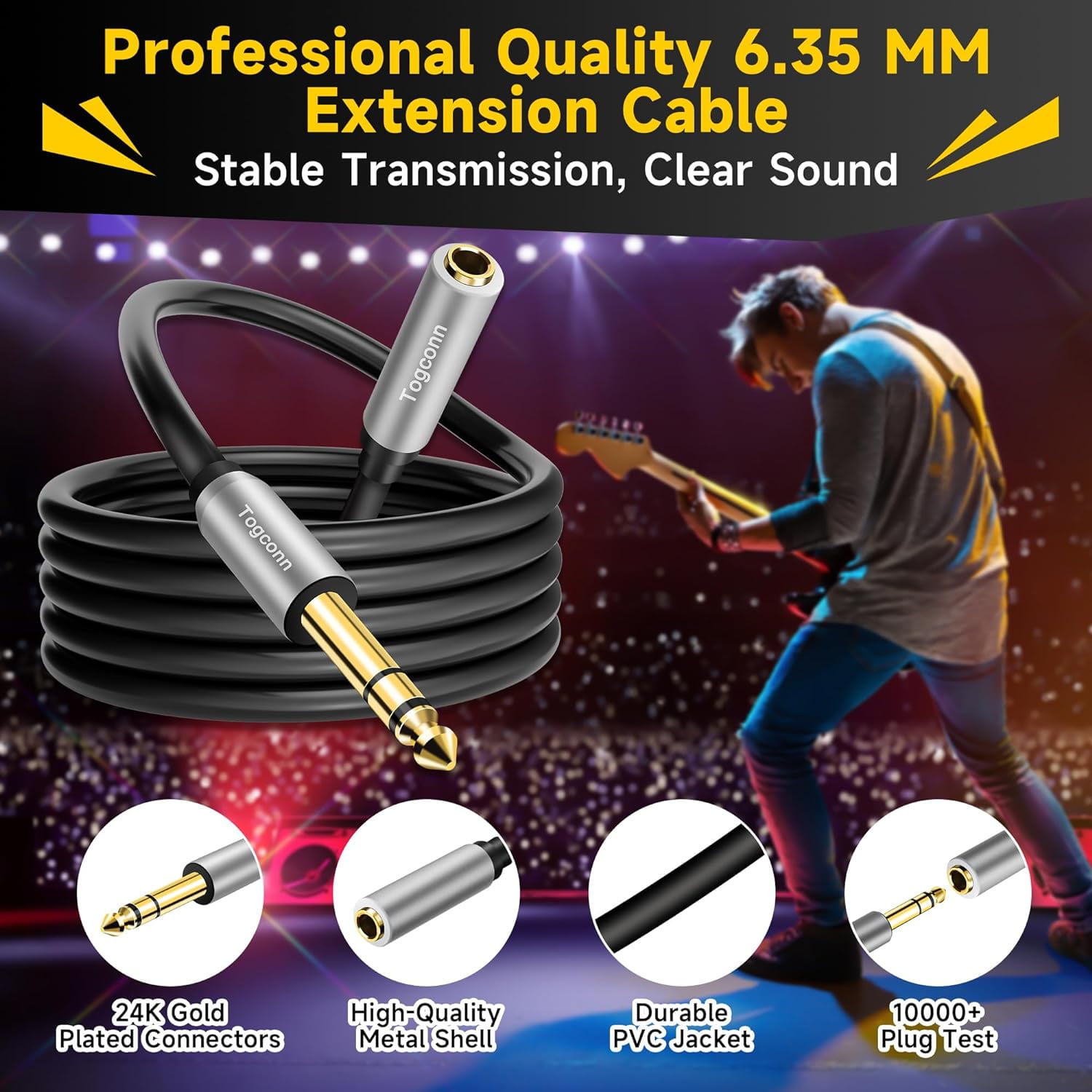 JJEAN-1/4 inch Extension Cable 25 Feet, 6.35mm 1/4" TRS Male to Female Stereo Adapter JackQuarter inch Headphone Guitar Extension Cable, Hi-Fi Sound, Gold Plated Connectors, Oxygen-Free Copper OFC