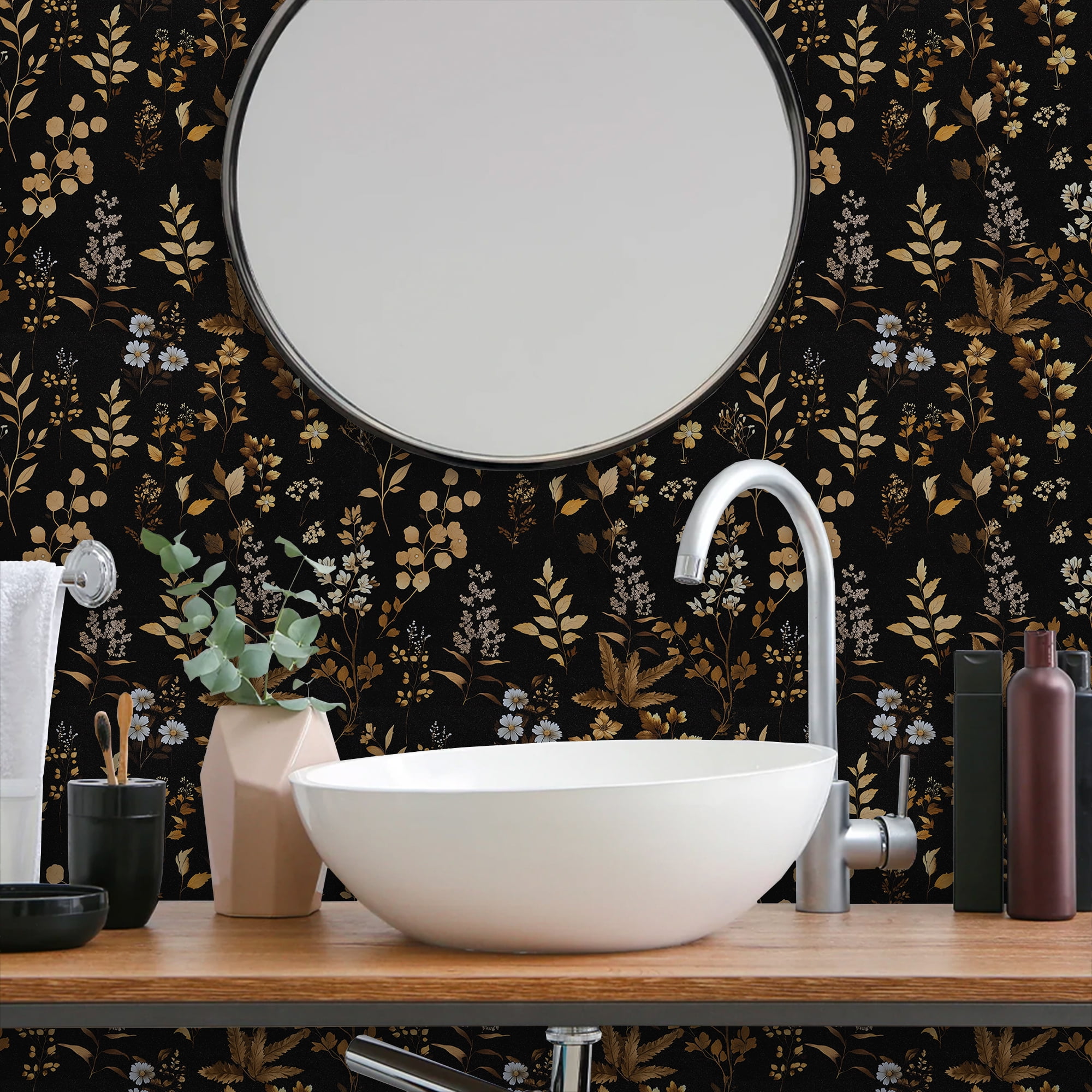 (3 pack) Abyssaly Peel and Stick Wallpaper 17.3" x 118" Black Gold Floral Wallpaper Self-Adhesive Removable Contact Paper for Home Decoration