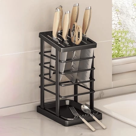 Kitchen Knife Storage Rack Countertop Knife Organizer with Drain Tray Stainless Steel Knife Holder for Space Saving Kitchen Organization
