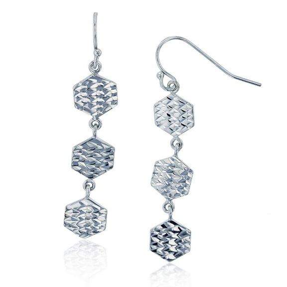 DECADENCE Sterling Silver Polished Rhodium Dangling Diamond Cut Hexagon Earrings for Women | 7x46mm Fish Hook Drop Wire Earrings | Secure Bar Closure | 14k Shiny Classic Earrings