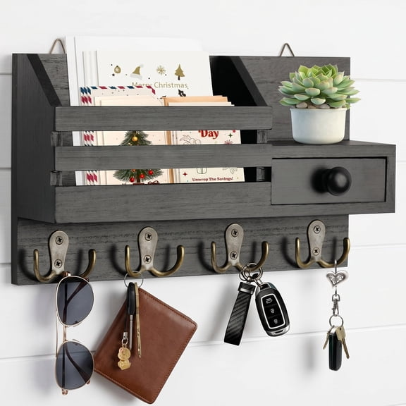 Key Holder Wall Mount, Wooden Adhesive Mail and Key Organizer with Drawer, Small Shelf, 8 Hooks, 2 Installation Methods, Black
