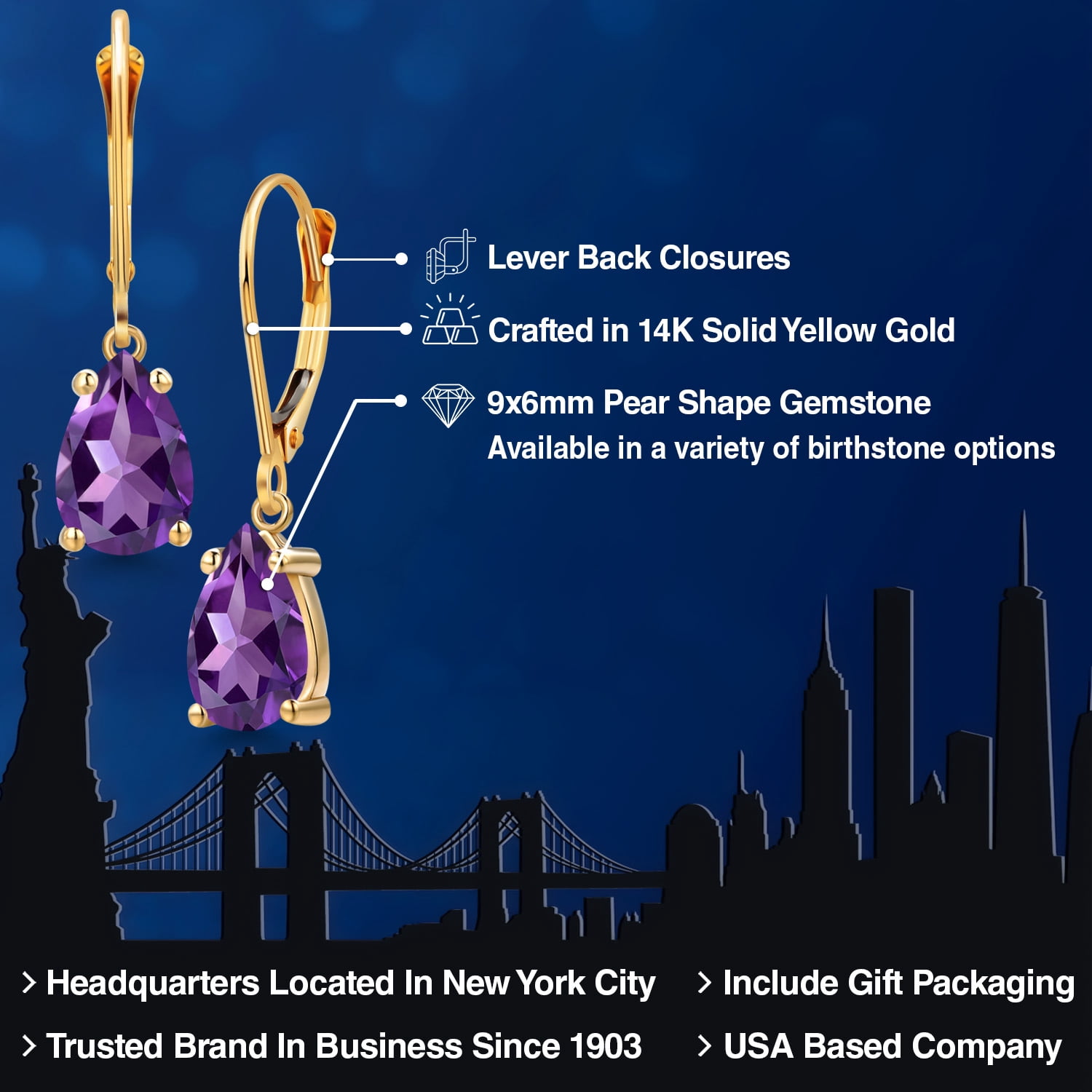 Gem Stone King 14K Yellow Gold Purple Amethyst Earrings for Women | 2.18 Cttw | Gemstone February Birthstone | Pear Shape 9X6MM