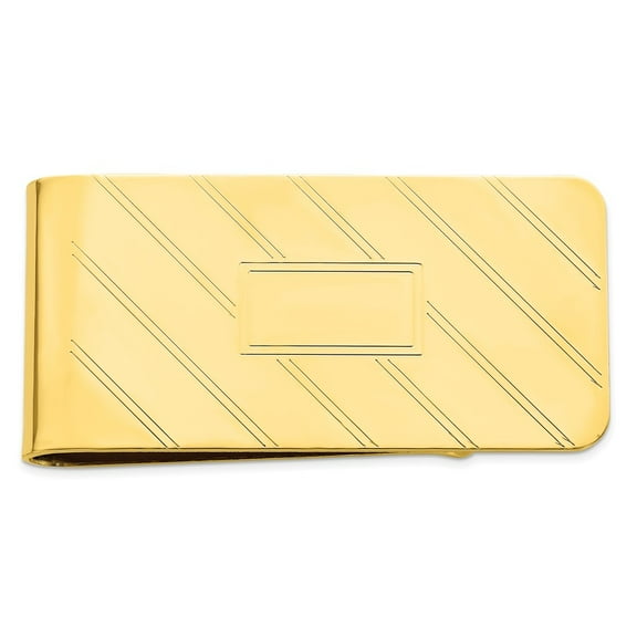 Gold Plated Solid Polished Patterned Engravable Etched Diagonal Line Money Clip Measures 50x25mm Wide Jewelry for Men