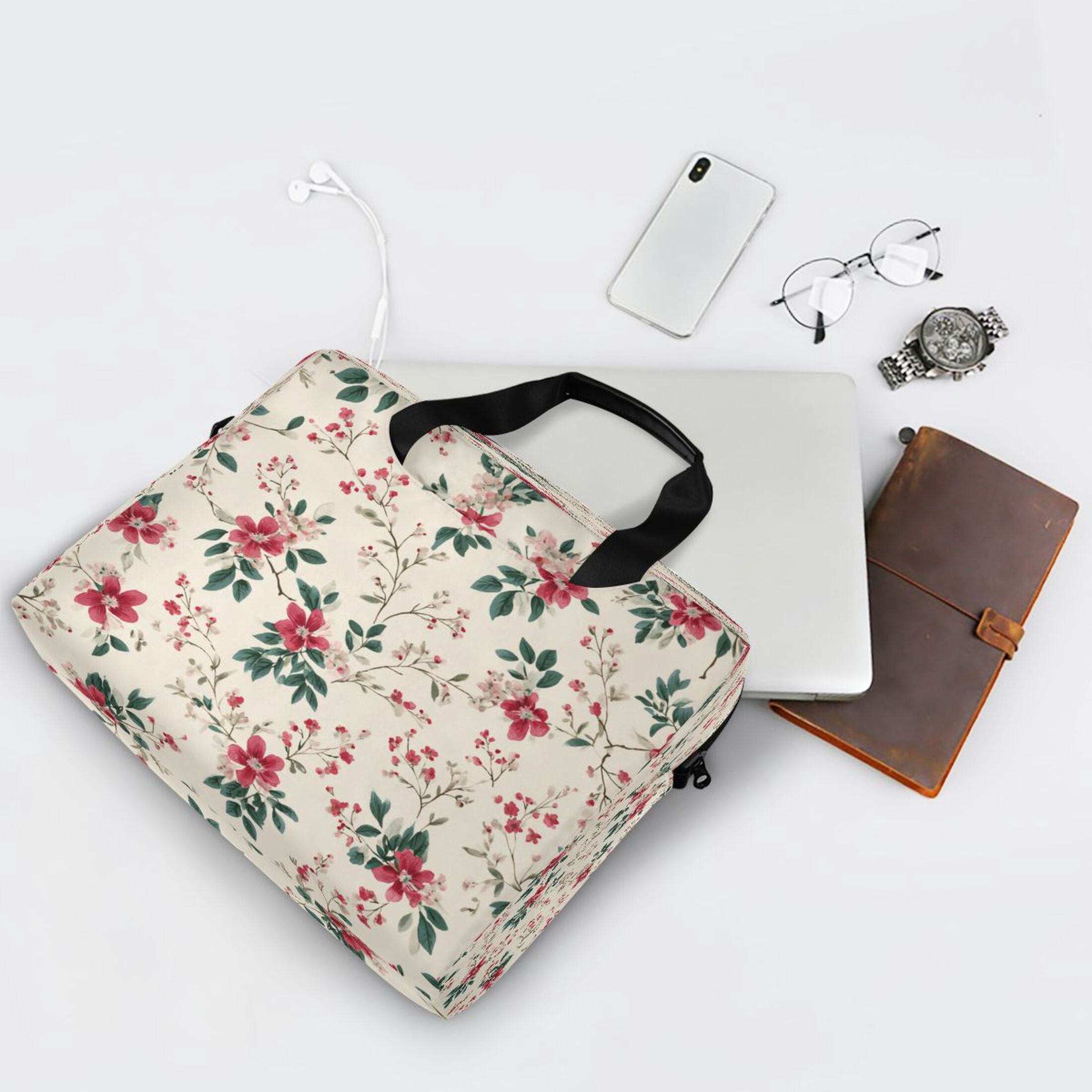 16" Laptop Tote Bag Laptop Sleeve Case Computer Briefcase for Work & Travel Red Small Floral Pattern