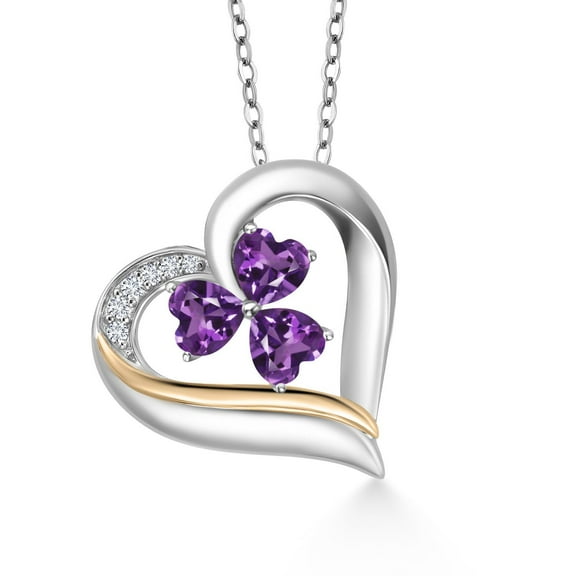 Gem Stone King 925 Sterling Silver and 10k Yellow Gold Purple Amethyst and White Lab Grown Diamond 3-Stone Pendant Necklace for Women (1.30 Cttw, Gemstone Birthstone, Heart Shape 5MM, 18 inch Chain)