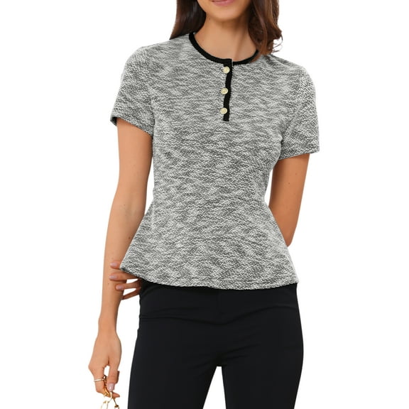 INSPIRE CHIC Tweed Top for Women's Plaid Crewneck Short Sleeve Office Work Peplum Blouses XS Black