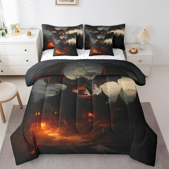 YST 3D Dragon 7-Piece Bedding Set, Fierce Wildlife Comforter with Sheets, Bed in a Bag, Queen – Polyester, Perfect Gift Idea