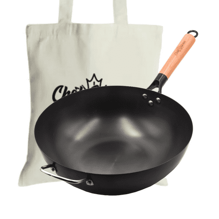 

ChefSeason Flat Bottom Carbon Steel Wok 12.6“ Large woks & stir-fry pans Uncoated Nonstick Chinese wok Pre-seasoned Deep Pow Wok for Electric Induction Gas Cooktops Free Shopping Bag