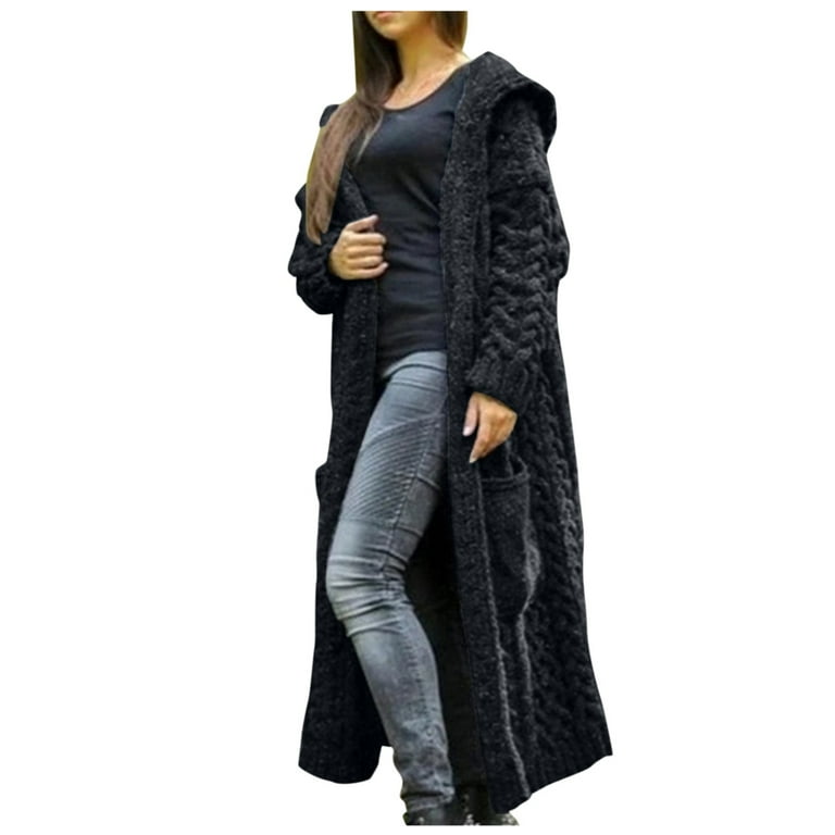 Black Long Sweaters Women Winter Solid Knitted Loose Hooded Cardigan Sweater Pocket Coat For Walmart