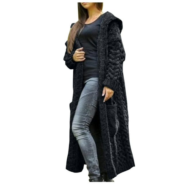 Cardigan d'Hiver pour Femmes, Cardigan Long Tricoté à Capuche, Manteau avec Poches
