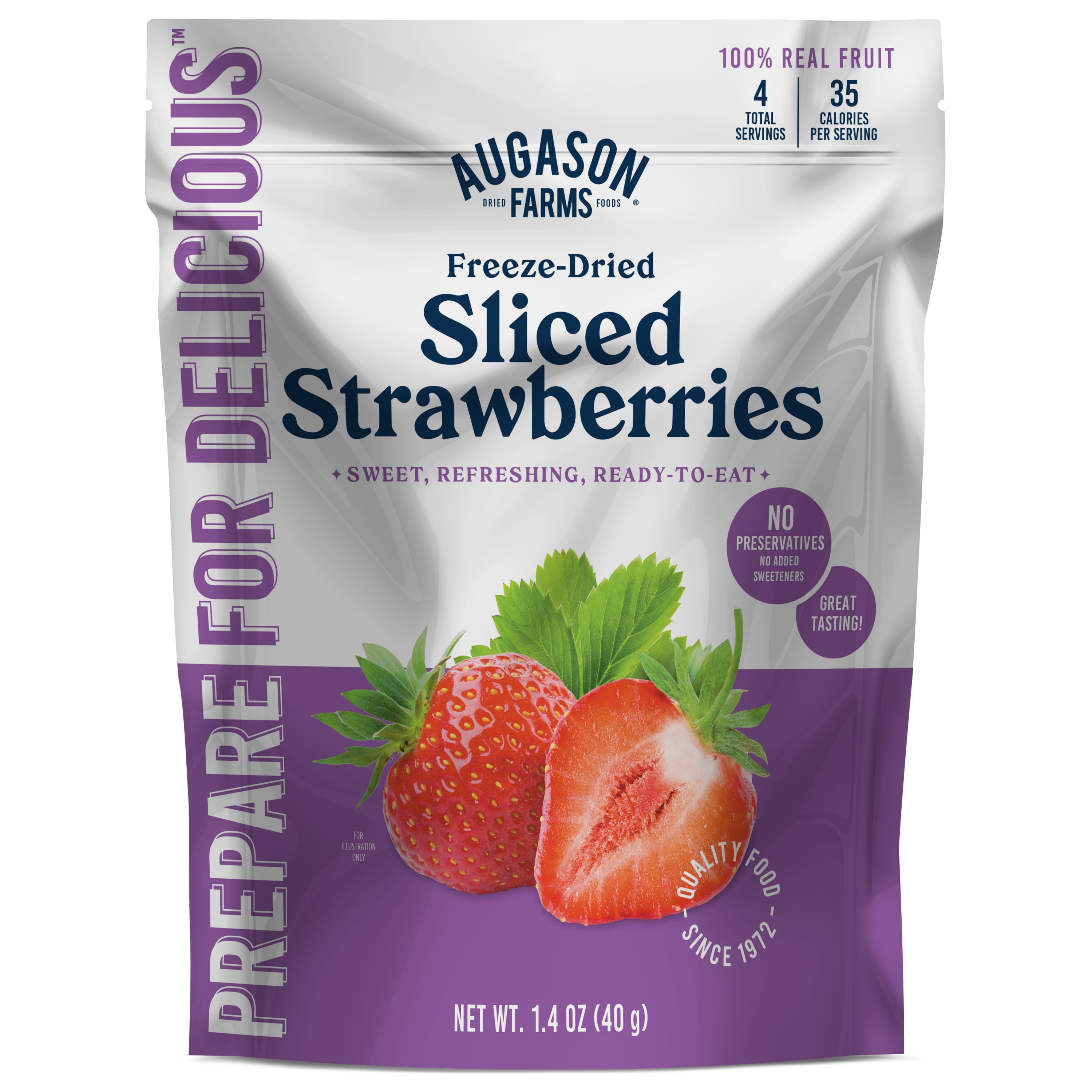 (4 pack) Augason Farms Freeze Dried Sliced Strawberries Pouch - Gluten Free Snack for Baking, Smoothies, and Emergency Storage - Healthy Individual Fruit Snacks – 1.4 Ounces (4 Servings)