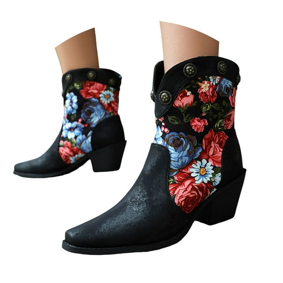 Oyedens Cowboy Boots for Women Ethnic Retro Boho Wide Mid Calf Western Cowgirl Boots Riding Boots