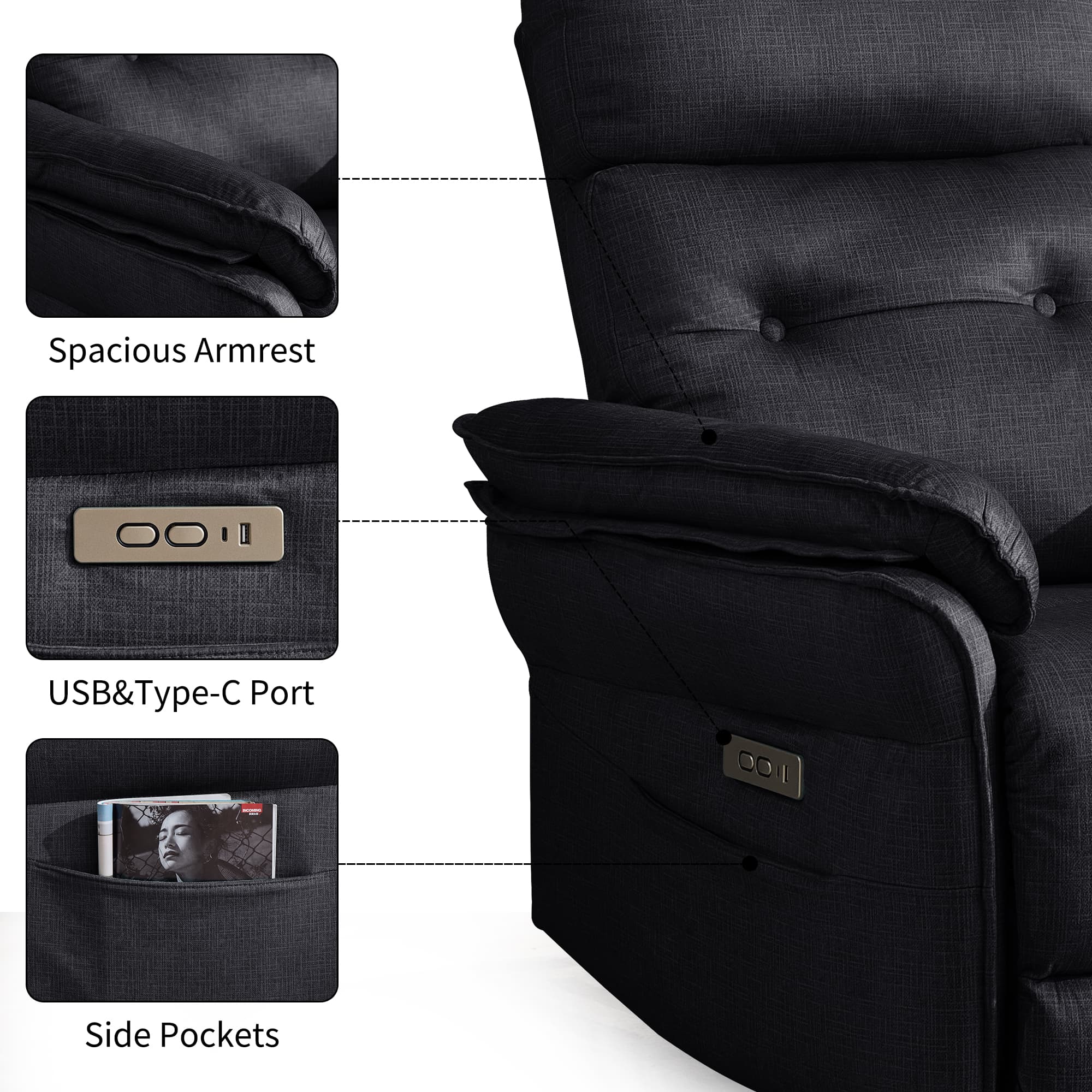 Korser Small Power Zero Gravity Recliner Chairs for Adults with USB&Type-C Ports for Living Room,Black