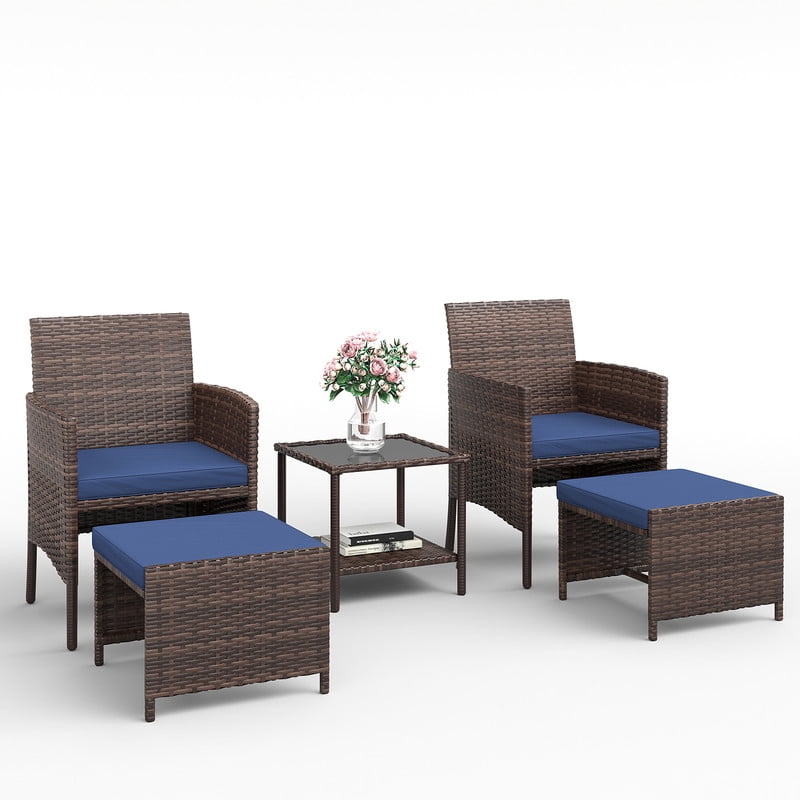 ELPOSUN 5 Piece Patio Furniture Set, Outdoor Conversation Wicker Chairs for Two with Ottoman Underneath,Brown Rattan,Navy