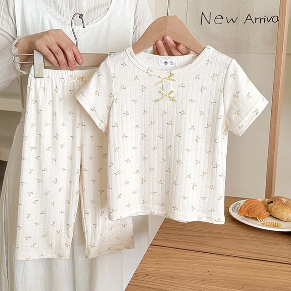 Cethrio Girls Cotton Pajama Sets Size 8, 2 Piece Pullover Short Sleeve Printed Kids' Summer Sleepwear Beige Size 8-9 T