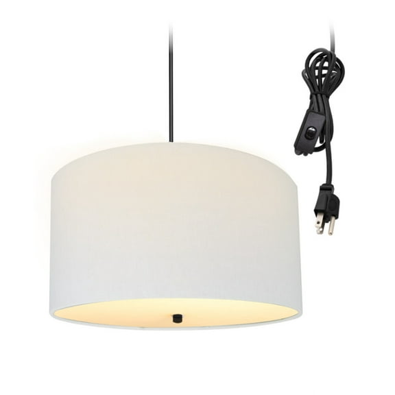 2 Light Swag Plug-In Pendant 16"w White Linen Drum with Diffuser, Black Cord