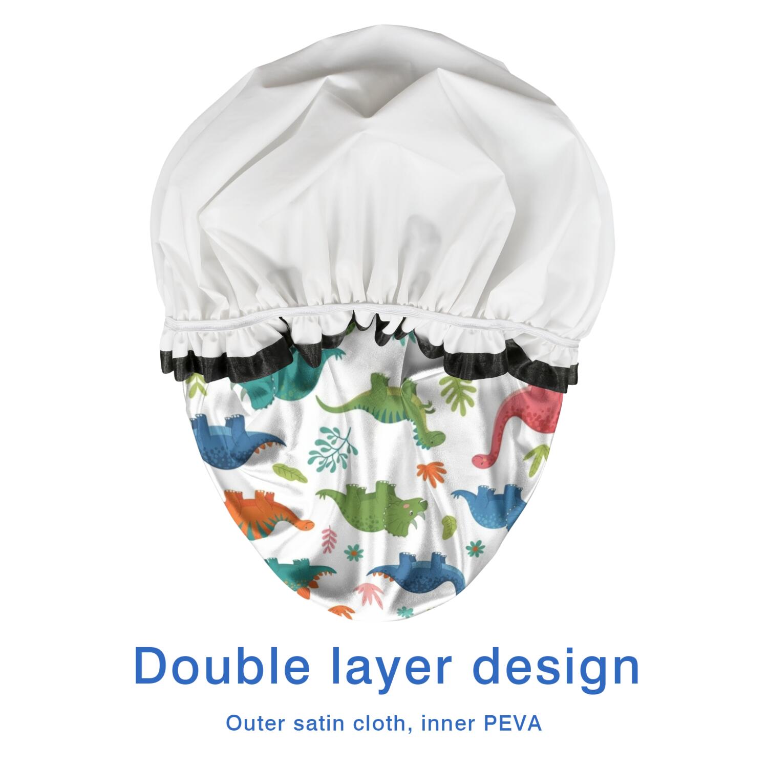 Shower Caps,White Colorful Dinosaur Plant Pattern Waterproof Shower Cap for Women 4 Pieces,Double Reusable Hair Cover for Shower PEVA Elastic Stretch Hem