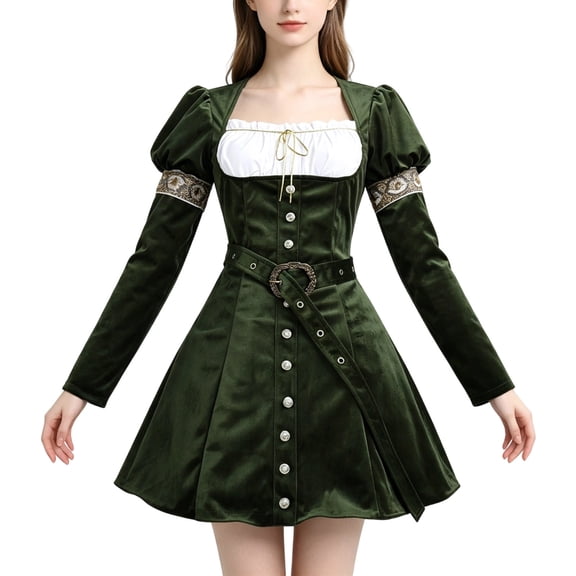 NordicNest Womens Gothic Dress Corset Party Long Sleeve A Line with Belt for Halloween Themed Party Green,XL