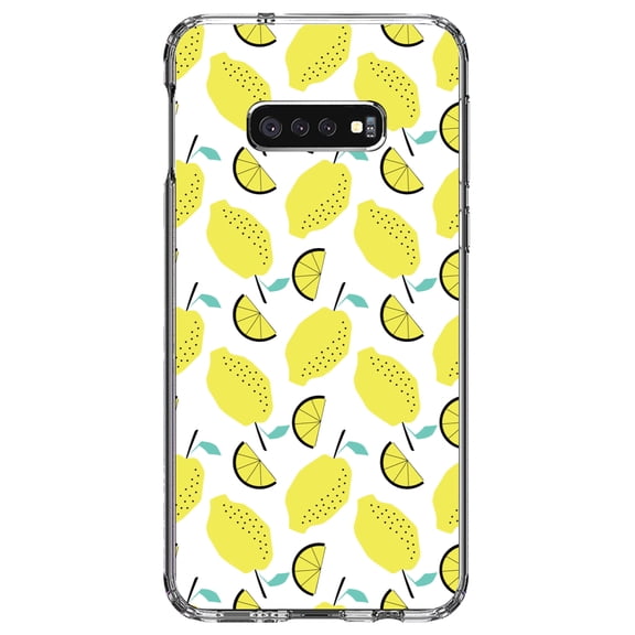 DistinctInk Clear Shockproof Hybrid Case for Samsung Galaxy S10e (5.8" Screen) - TPU Bumper, Acrylic Back, Tempered Glass Screen Protector - Summer Graphics - Lemon Pattern - Lemonade