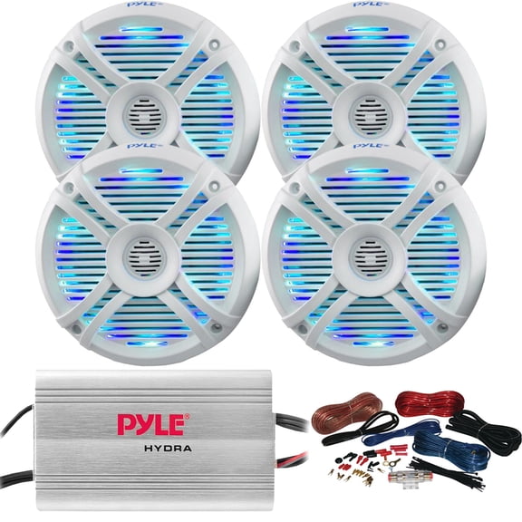 4 x Pyle 6.5" Waterproof 250W Audio Marine 2-Way White Speakers with Color Changing LED Lights, 4-Channel 400W MP3/iPod 2-Ohm Stereo Stable Amplifier, Amp Installation Kit