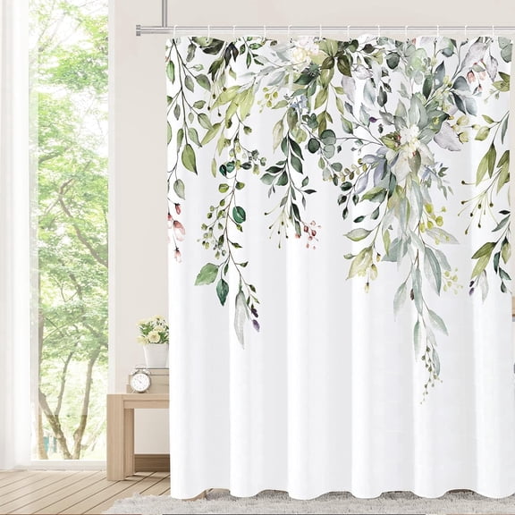 Sage Green Eucalyptus Shower Curtain, Watercolor Leaves on The Top Plant with Floral Bathroom Decoration Shower Curtain Sets 72x72 Inch with Hooks