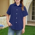 thumbnail image 5 of OIOLOYJM Girls Short Sleeve Dress Shirts Kids Spring Summer Cozy Soft School Uniform Casual Button Down Lapel Collared Shirt Dark Blue 11-12 Year, 5 of 5