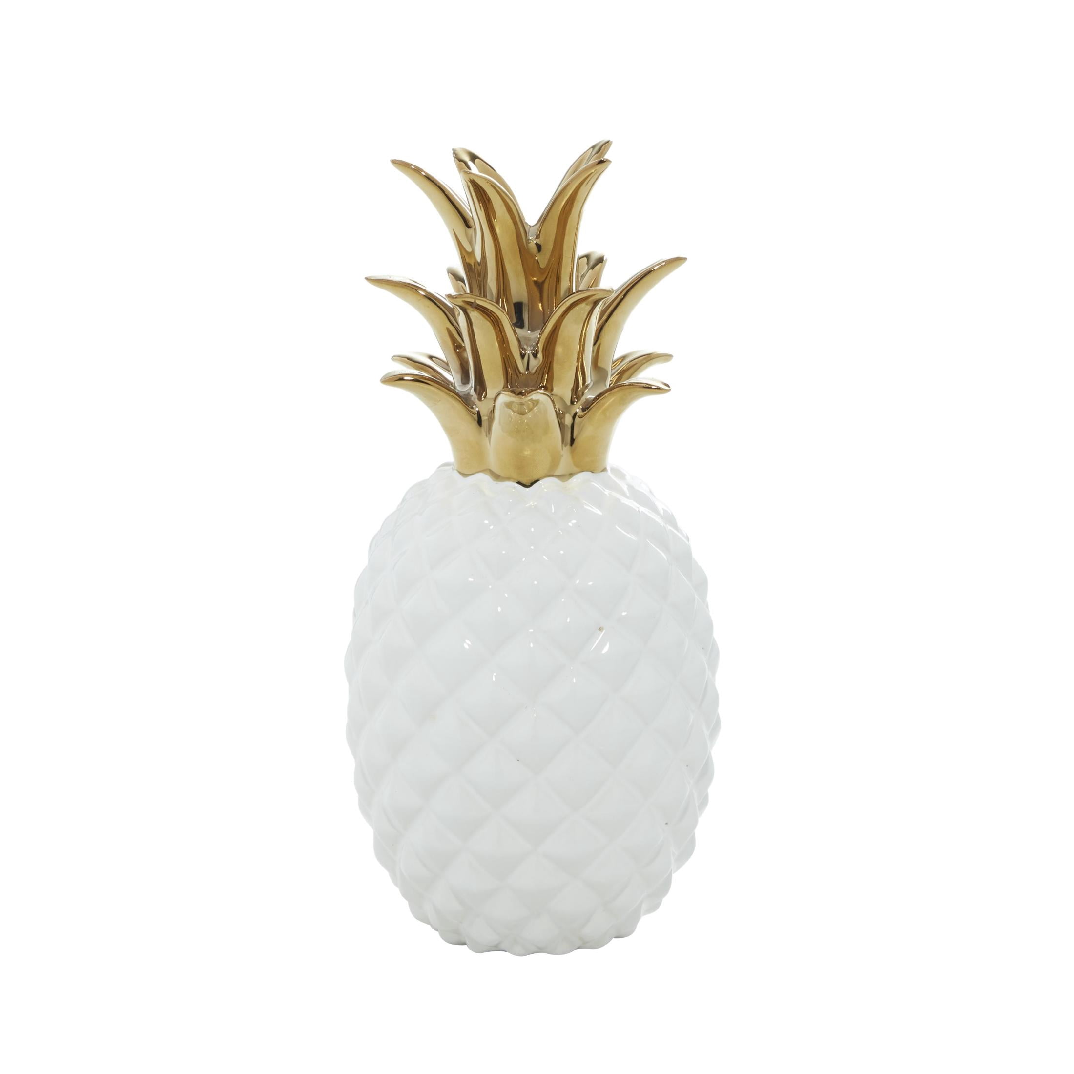4" x 10" White Porcelain Ceramic Faceted Pineapple Fruit Sculpture with Gold Leaves, by CosmoLiving by Cosmopolitan
