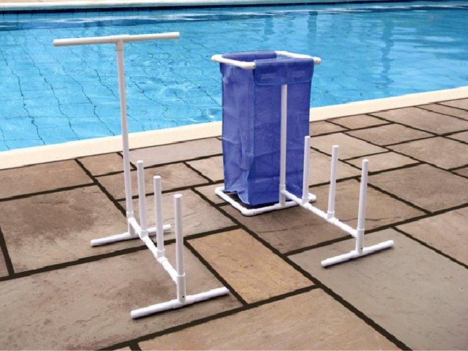Swimline 8903 Versatile PVC Poolside Organizer Rack and Bin with Mesh Bag Towel Hamper for Holding Pool Towels, Toys, Floats, and Accessories