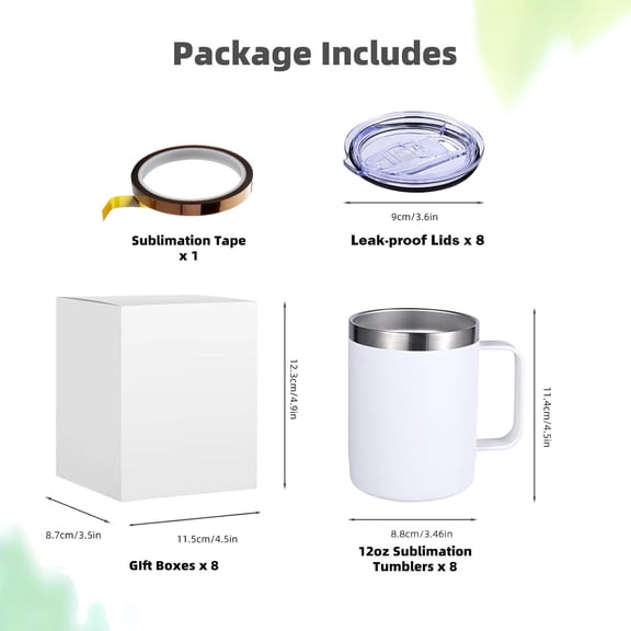 12oz Sublimation Coffee Mugs with Handle Straight Matte Travel Coffee Cups Insulated Stainless Steel Tumblers with Gift Box, Heat Tape for Hot Cold Drinks, 8 Pack