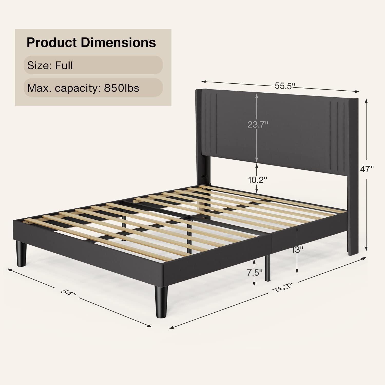 Full Platform Bed Frame with Wingback Headboard, Dark Grey
