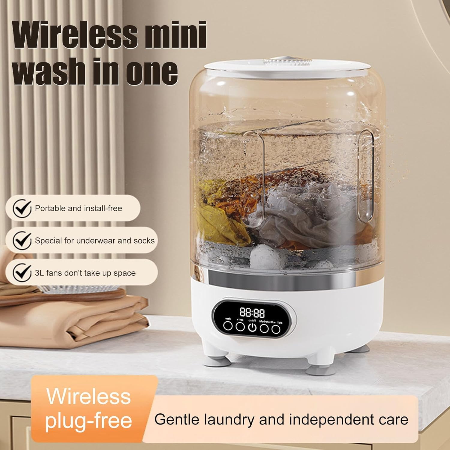 3-in-1 Portable Washing Machine, 3L Cordless Underwear  ,Mini Lavadora Portatil for Home, 3 Modes 3000mAh Laundry Machine for Apartment, Dorm, RV, Hotel Use  (Pink)
