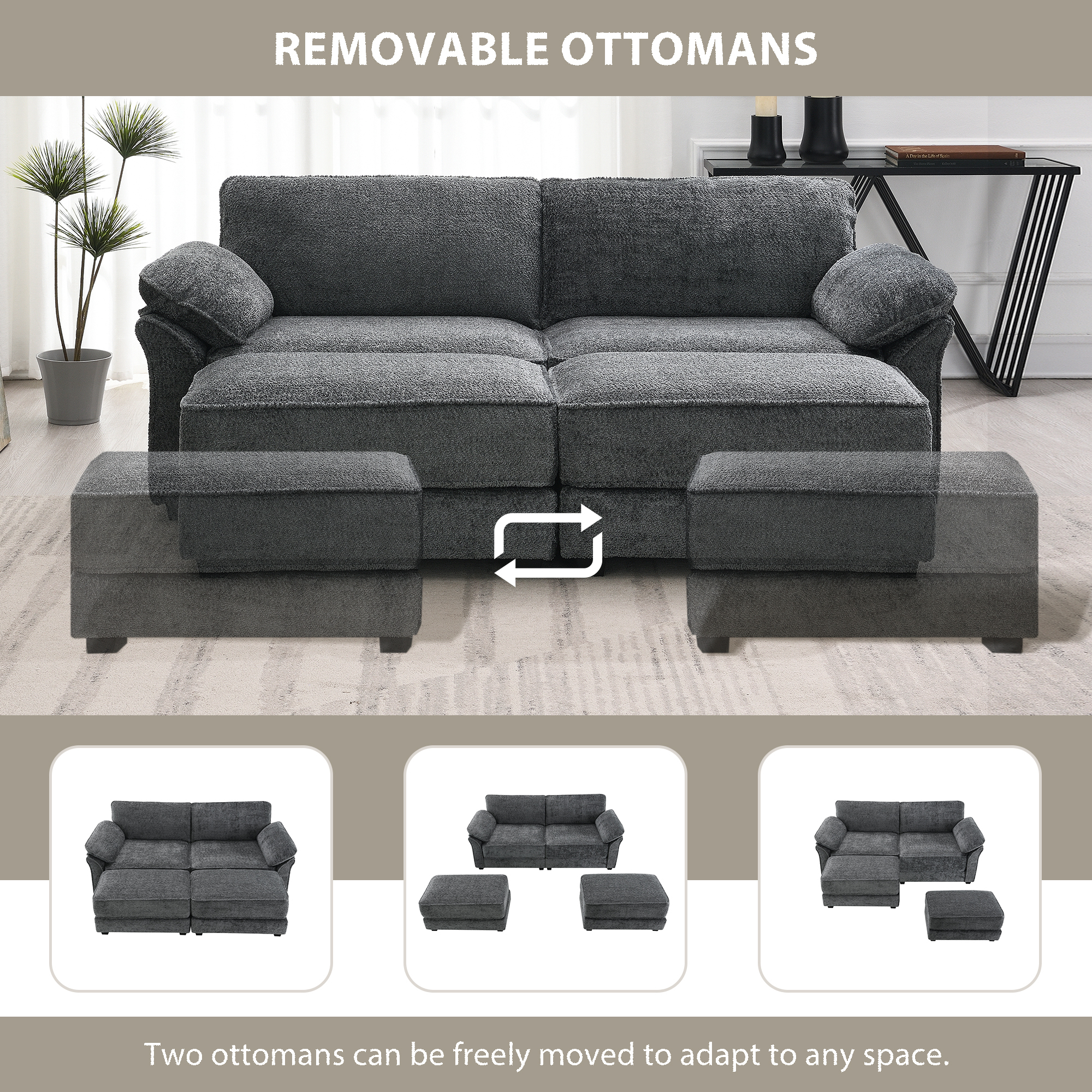 EUROCO 81" Modular Convertible Sectional Sofa Bed Set, Combinational 4 Seat Upholstered Sleeper Corner Couch Deep-Seat Loveseat with Removable Armrest Bag and Ottoman for Living Room, Gray