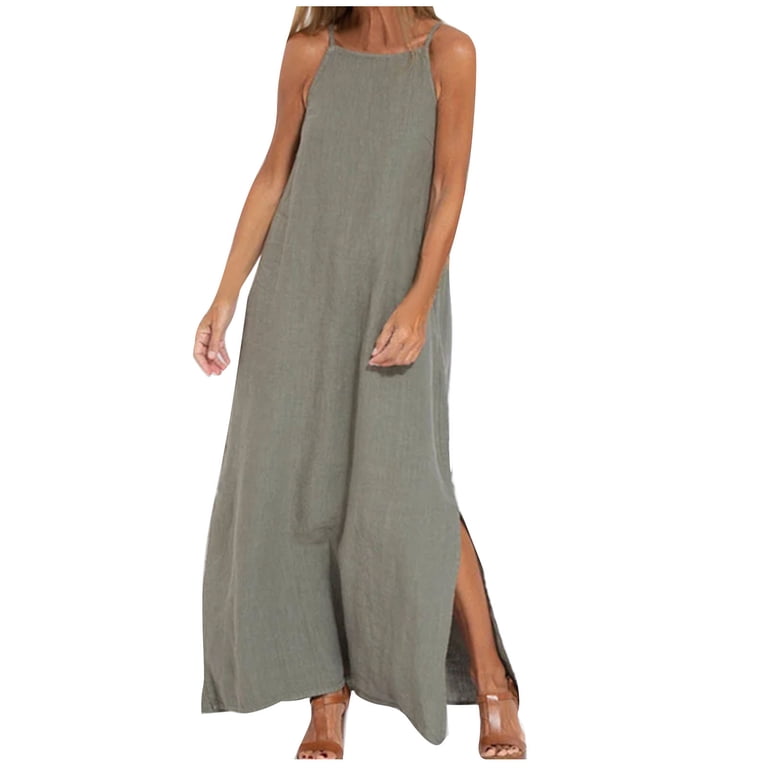 LEKWK Maxi Dresses for Women Summer Sleeveless Halter Neck Slip Dress Side  Split Long Dresses Loose Fit Casual Beach Vacation Boho Sundress -  Walmart.com