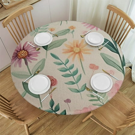 

SheronV Pink Flower Green Leafy Design Stain Resistant Round Tablecloth 38 -42