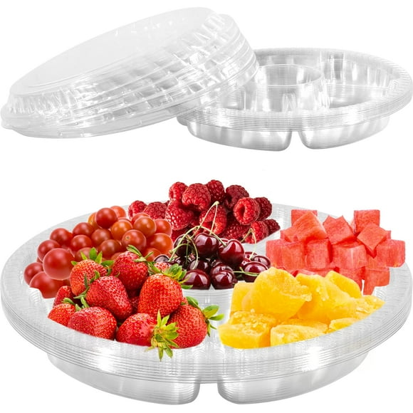 12 Pieces Round Appetizer Serving Trays with Lids 10 Inches Veggie Fruit Trays Disposable Food Storage containers 6 Divided compartments Serving containers Veggie Trays for Party (Transparent)