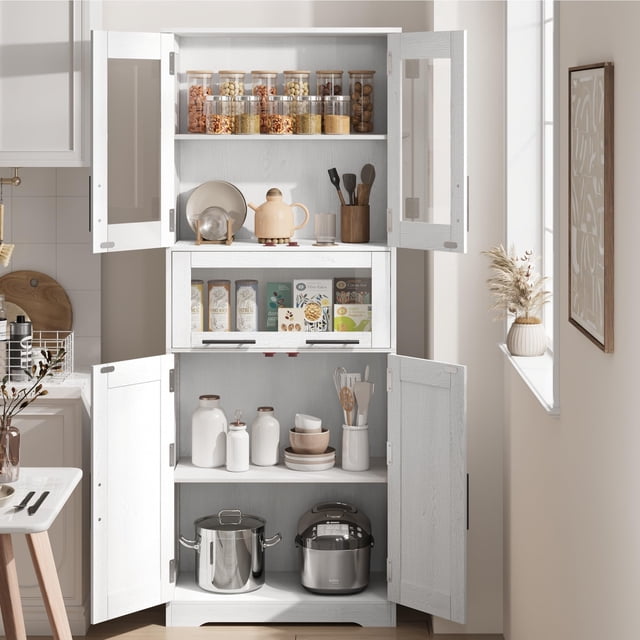 Mueble de Almacenamiento para Baño de 170 cm - Armario Vertical con Puertas de Cristal, Cajón Integrado y Repisas Regulables - Diseño Multifuncional para Cocina, Lavandería o Baño - Roble Blanco