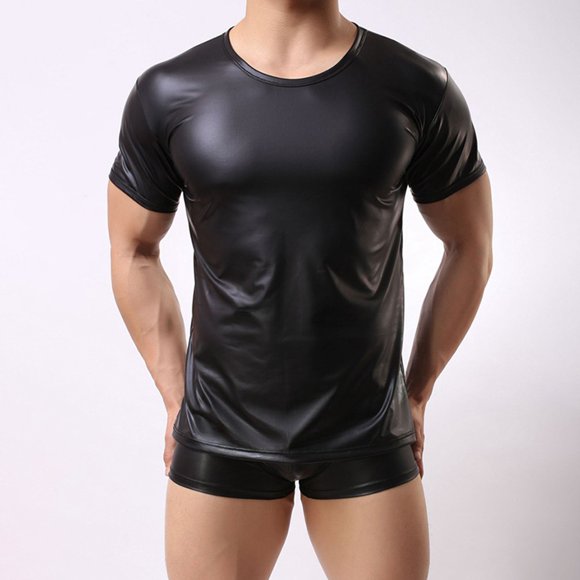 Men Wet Look Faux Leather Round Neck Short Sleeve Top T-Shirt Tights Shirts Club