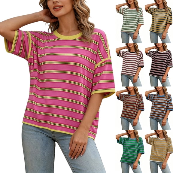 Diufon Women's Summer Striped Tops Casual Short Sleeve Crewneck Shirts Spring Color Block Basic Loose Blouses
